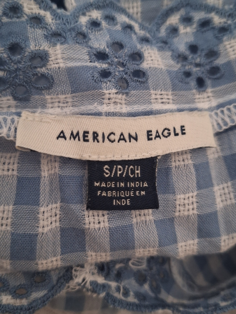 100% COTTON American Eagle Outfitters Blue Gingham Lace-Trim Button Front Top - Picture 4 of 5